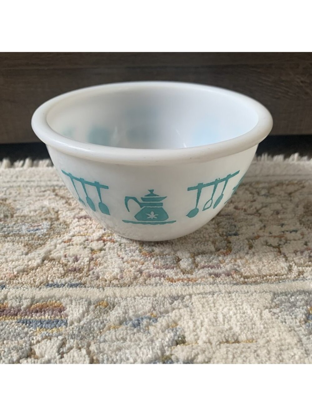 Vintage Hazel Atlas Kitchen Aids Mixing Bowl Milk Glass Turquoise 4.5”